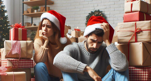 Worried family surrounded by wrapped Christmas gifts