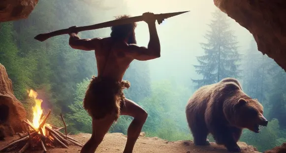 Image of a caveman defending his cave from a bear